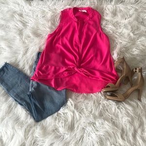 Sheer, dressy, bright pink tank top blouse.